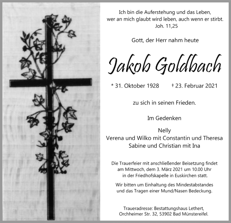  Traueranzeige für Jakob Goldbach vom 27.02.2021 aus  Blickpunkt Euskirchen 