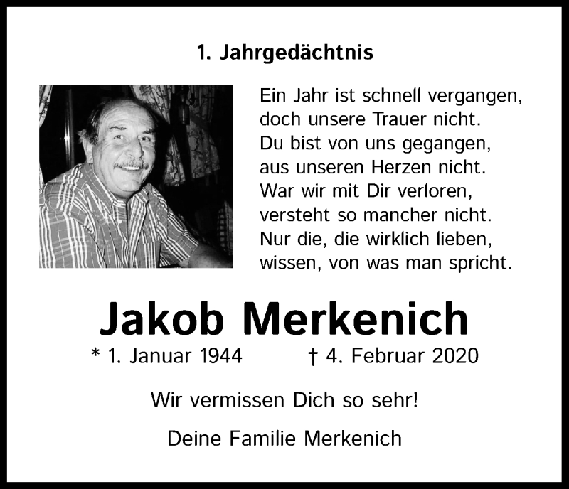  Traueranzeige für Jakob Merkenich vom 04.02.2021 aus Kölner Stadt-Anzeiger / Kölnische Rundschau / Express