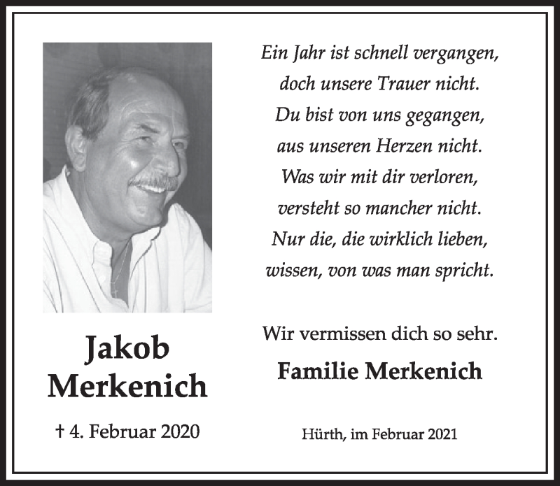  Traueranzeige für Jakob Merkenich vom 05.02.2021 aus  Wochenende 