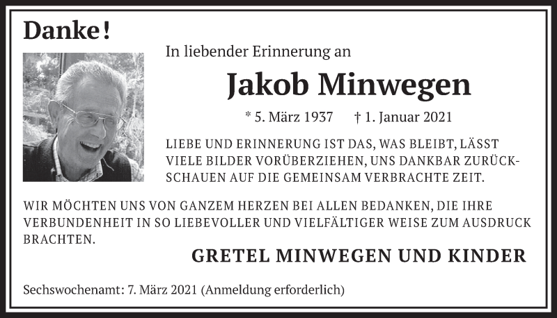  Traueranzeige für Jakob Minwegen vom 19.02.2021 aus  Schlossbote/Werbekurier 
