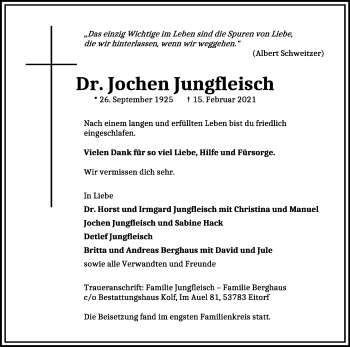 Anzeige von Jochen Jungfleisch von Kölner Stadt-Anzeiger / Kölnische Rundschau / Express