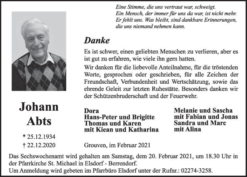  Traueranzeige für Johann Abts vom 05.02.2021 aus  Werbepost 