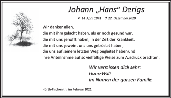 Anzeige von Johann  Derigs von  Wochenende 