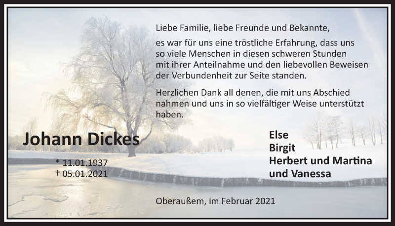  Traueranzeige für Johann Dickes vom 12.02.2021 aus  Werbepost 