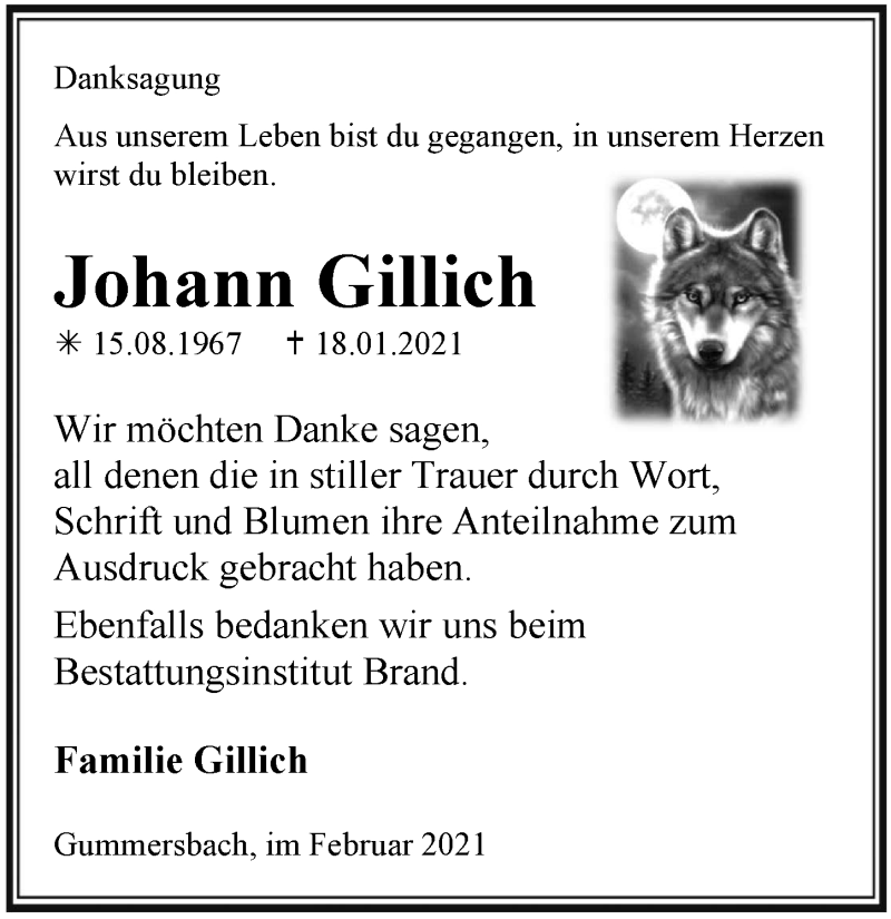  Traueranzeige für Johann Gillich vom 19.02.2021 aus  Anzeigen Echo 