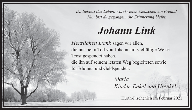  Traueranzeige für Johann Link vom 19.02.2021 aus  Wochenende 