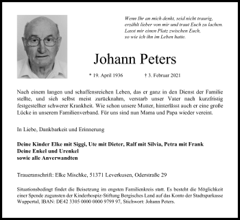 Anzeige von Johann Peters von Kölner Stadt-Anzeiger / Kölnische Rundschau / Express