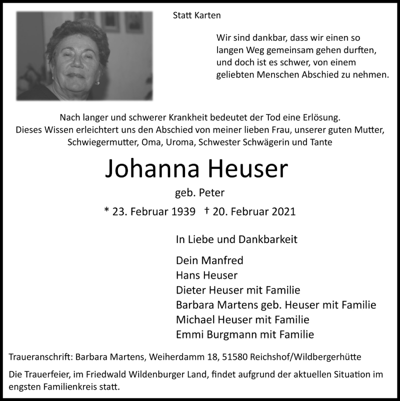  Traueranzeige für Johanna Heuser vom 26.02.2021 aus  Anzeigen Echo  Lokalanzeiger 