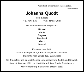 Anzeige von Johanna Quodt von Kölner Stadt-Anzeiger / Kölnische Rundschau / Express
