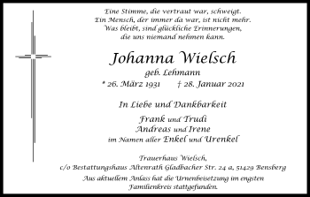 Anzeige von Johanna Wielsch Csch von Kölner Stadt-Anzeiger / Kölnische Rundschau / Express