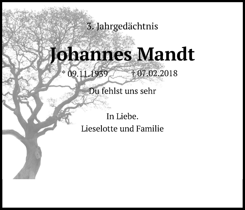  Traueranzeige für Johannes Mandt vom 06.02.2021 aus Kölner Stadt-Anzeiger / Kölnische Rundschau / Express