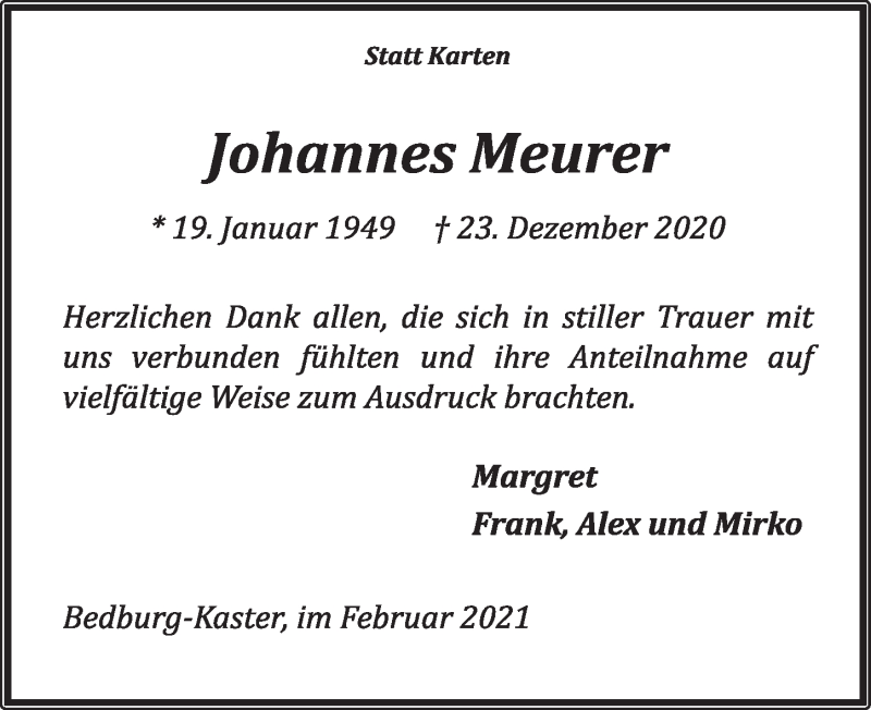  Traueranzeige für Johannes Meurer vom 05.02.2021 aus  Werbepost 