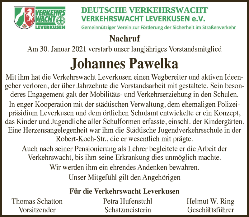  Traueranzeige für Johannes Pawelka vom 12.02.2021 aus  Lokale Informationen 
