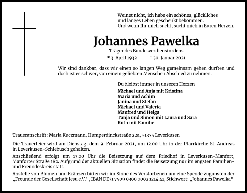  Traueranzeige für Johannes Pawelka vom 06.02.2021 aus Kölner Stadt-Anzeiger / Kölnische Rundschau / Express