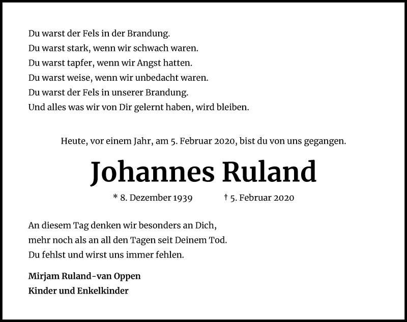  Traueranzeige für Johannes Ruland vom 05.02.2021 aus Kölner Stadt-Anzeiger / Kölnische Rundschau / Express