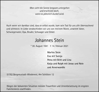 Anzeige von Johannes Stein von  Anzeigen Echo 