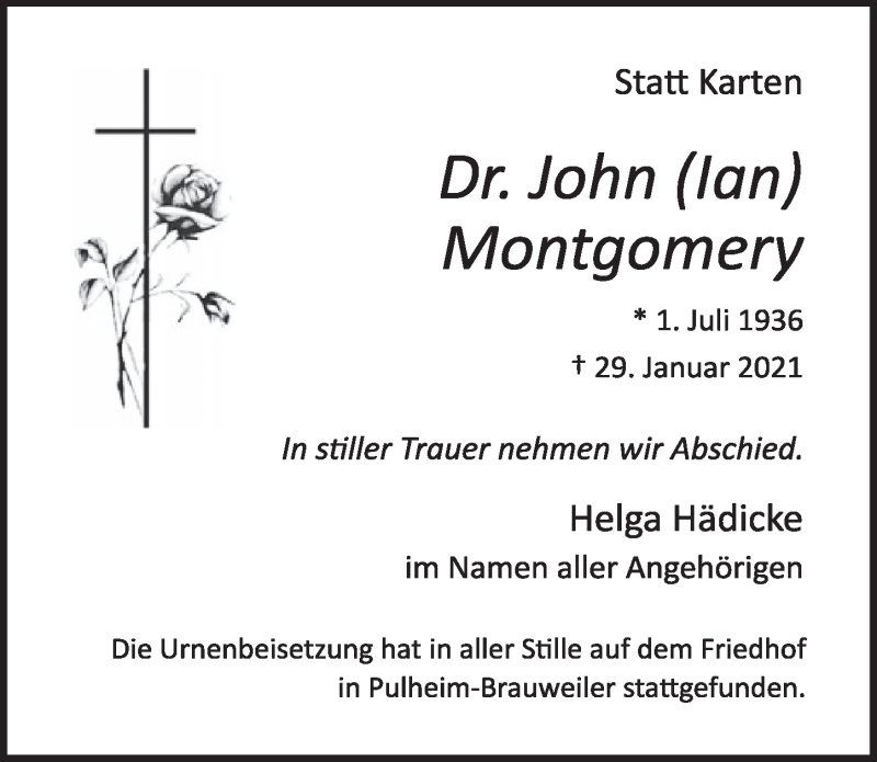  Traueranzeige für John Montgomery vom 12.02.2021 aus  Wochenende 