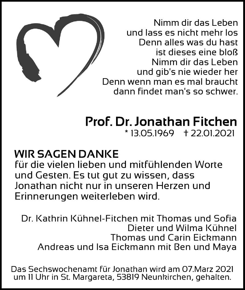  Traueranzeige für Jonathan Fitchen vom 27.02.2021 aus Kölner Stadt-Anzeiger / Kölnische Rundschau / Express