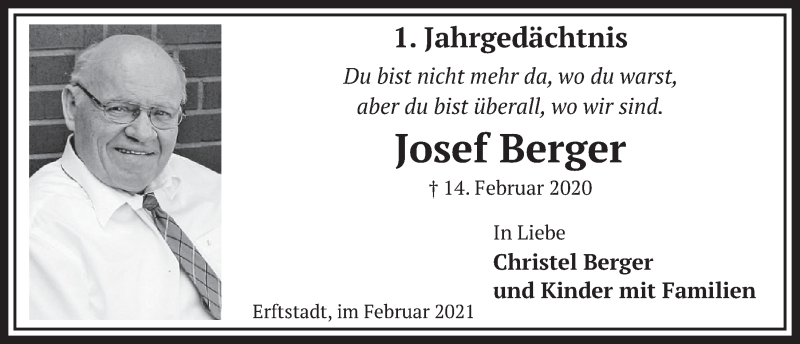  Traueranzeige für Josef Berger vom 12.02.2021 aus  Werbepost 