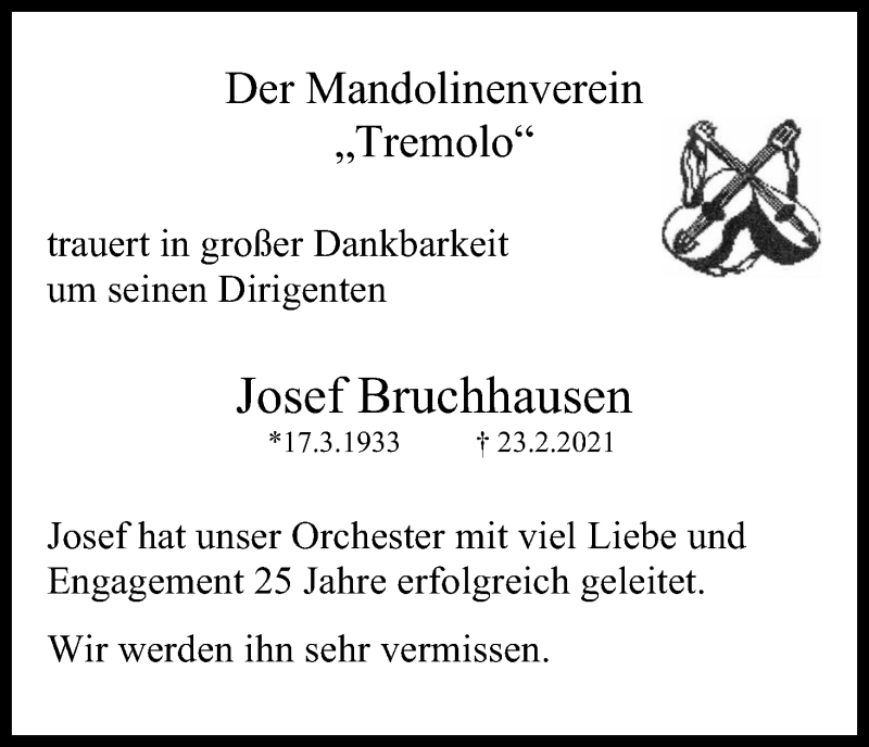  Traueranzeige für Josef Bruchhausen vom 27.02.2021 aus Kölner Stadt-Anzeiger / Kölnische Rundschau / Express