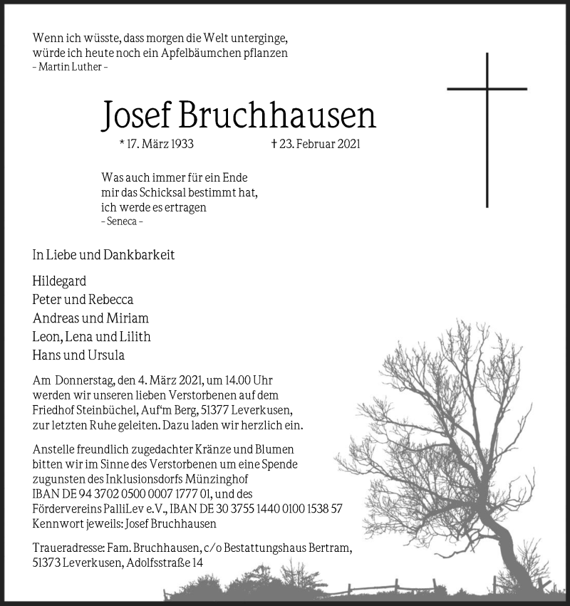  Traueranzeige für Josef Bruchhausen vom 27.02.2021 aus Kölner Stadt-Anzeiger / Kölnische Rundschau / Express