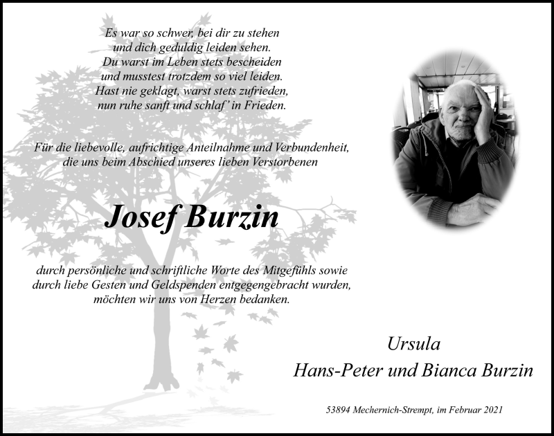  Traueranzeige für Josef Burzin vom 06.02.2021 aus  Blickpunkt Euskirchen 