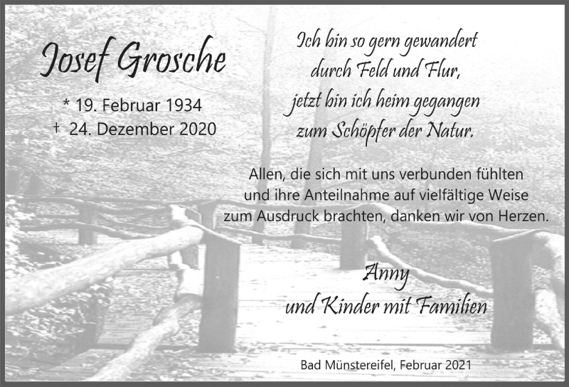  Traueranzeige für Josef Grosche vom 06.02.2021 aus  Blickpunkt Euskirchen 