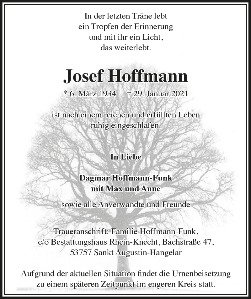  Traueranzeige für Josef Hoffmann vom 05.02.2021 aus  Extra Blatt 