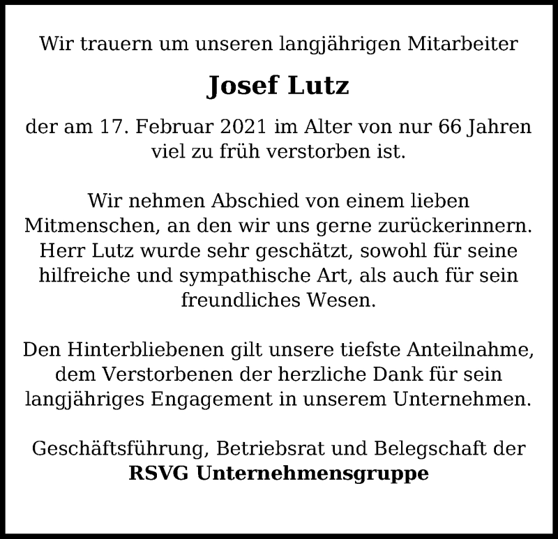  Traueranzeige für Josef Lutz vom 26.02.2021 aus Kölner Stadt-Anzeiger / Kölnische Rundschau / Express