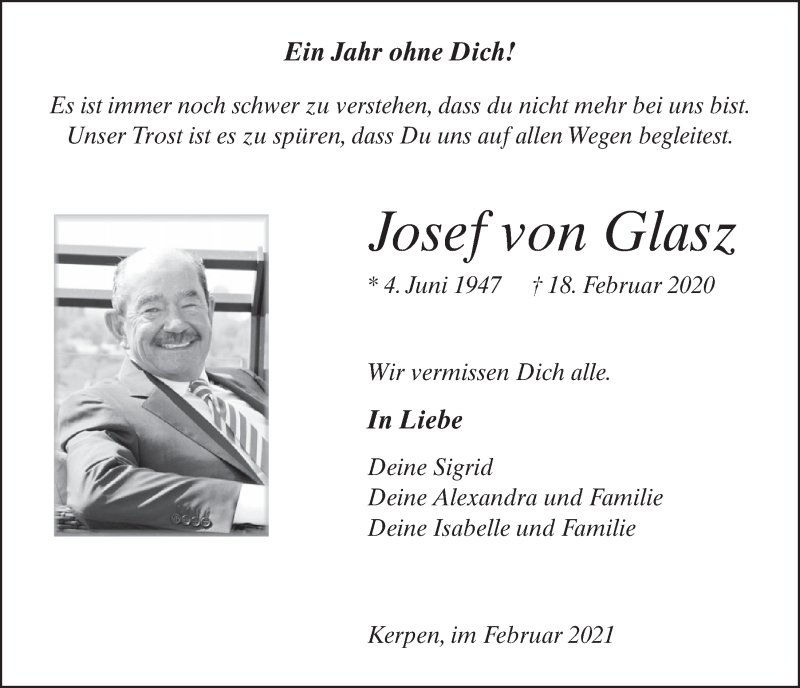  Traueranzeige für Josef von Glasz vom 19.02.2021 aus  Werbepost 