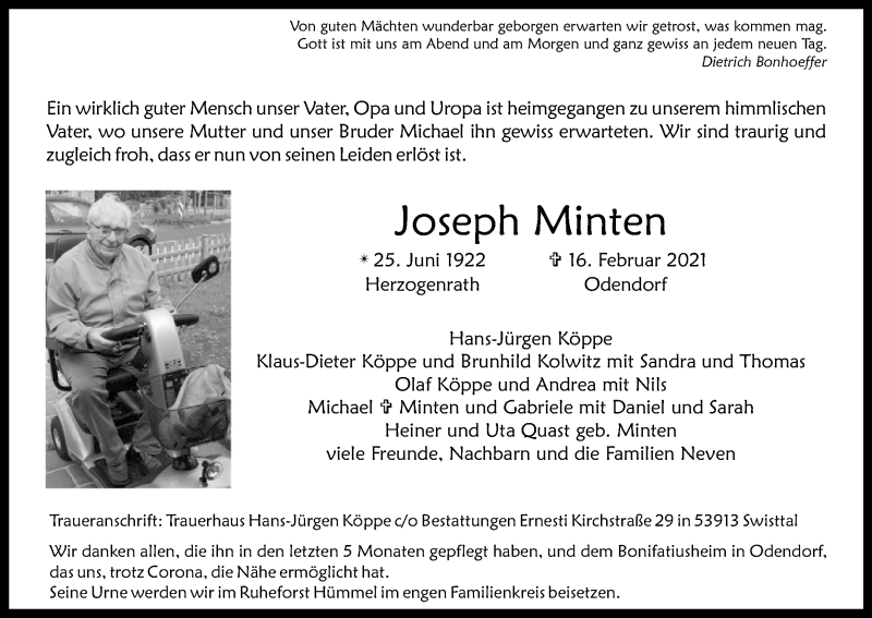  Traueranzeige für Joseph Minten vom 27.02.2021 aus Kölner Stadt-Anzeiger / Kölnische Rundschau / Express