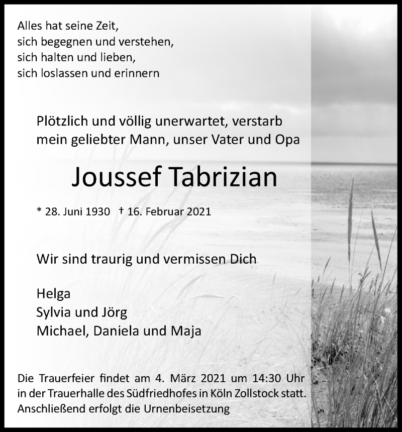  Traueranzeige für Joussef Tabrizian vom 27.02.2021 aus Kölner Stadt-Anzeiger / Kölnische Rundschau / Express