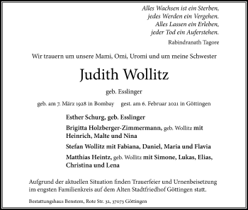 Anzeige von Judith Wollitz von Kölner Stadt-Anzeiger / Kölnische Rundschau / Express