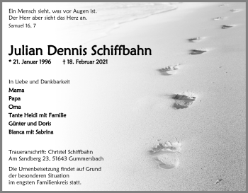 Anzeige von Julian Dennis Schiffbahn von Kölner Stadt-Anzeiger / Kölnische Rundschau / Express