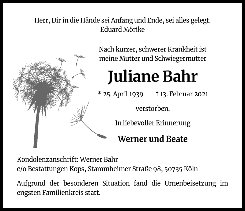  Traueranzeige für Juliane Bahr vom 27.02.2021 aus Kölner Stadt-Anzeiger / Kölnische Rundschau / Express