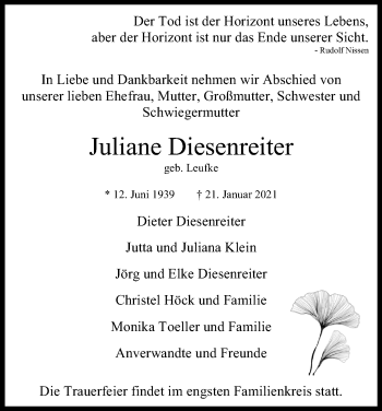Anzeige von Juliane Diesenreiter von Kölner Stadt-Anzeiger / Kölnische Rundschau / Express