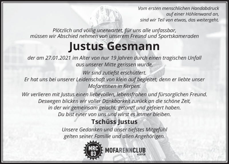  Traueranzeige für Justus Gesmann vom 12.02.2021 aus  Werbepost 