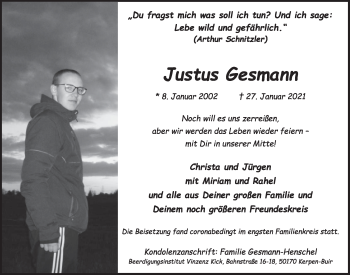 Anzeige von Justus Gesmann von  Werbepost 
