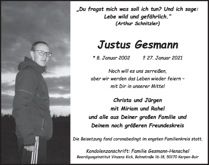  Traueranzeige für Justus Gesmann vom 12.02.2021 aus  Werbepost 