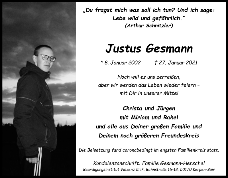  Traueranzeige für Justus Gesmann vom 13.02.2021 aus Kölner Stadt-Anzeiger / Kölnische Rundschau / Express