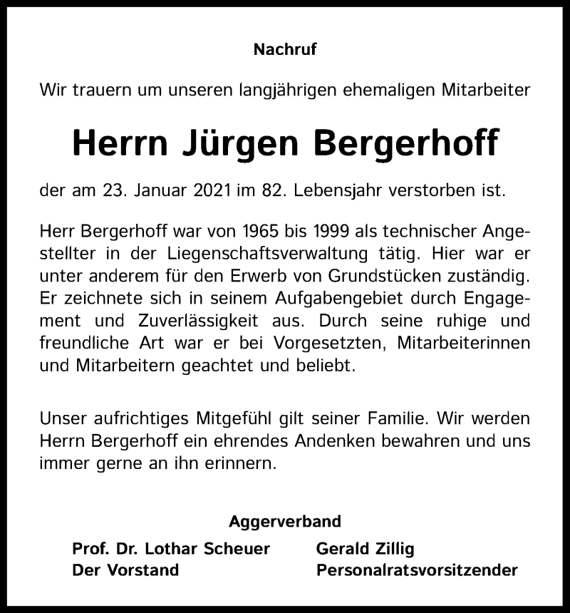  Traueranzeige für Jürgen Bergerhoff vom 20.02.2021 aus Kölner Stadt-Anzeiger / Kölnische Rundschau / Express