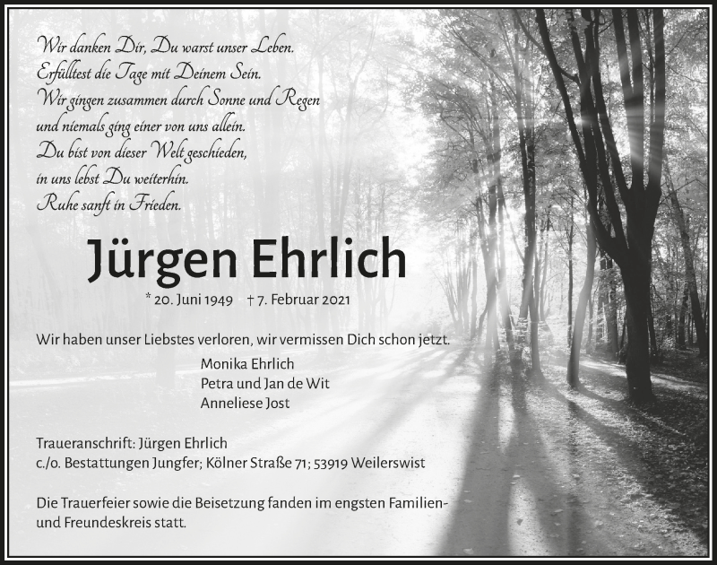  Traueranzeige für Jürgen Ehrlich vom 20.02.2021 aus  Schlossbote/Werbekurier 