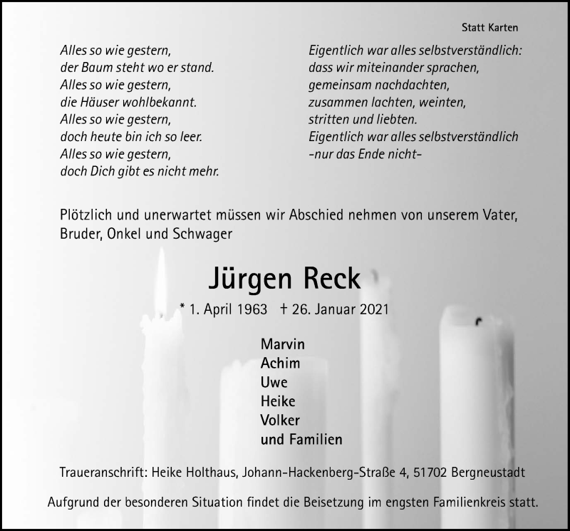  Traueranzeige für Jürgen Reck vom 05.02.2021 aus  Anzeigen Echo 