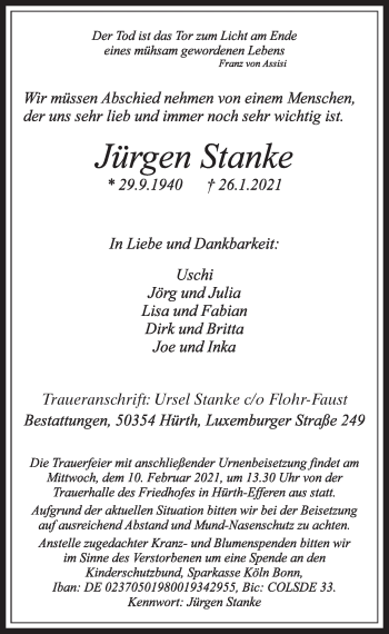 Anzeige von Jürgen Stanke von  Wochenende 