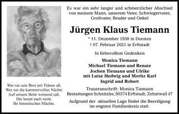 Anzeige von Jürgen Klaus Tiemann von Kölner Stadt-Anzeiger / Kölnische Rundschau / Express