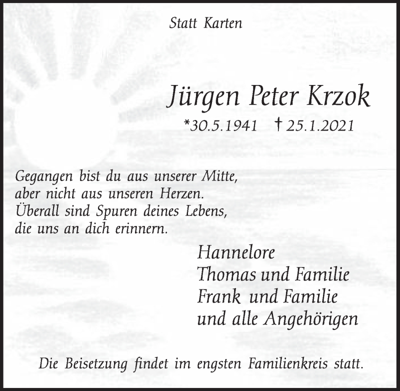  Traueranzeige für Jürgen Peter Krzok vom 05.02.2021 aus  Schlossbote/Werbekurier 