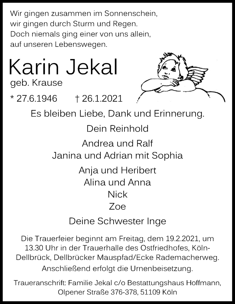  Traueranzeige für Karin Jekal vom 06.02.2021 aus Kölner Stadt-Anzeiger / Kölnische Rundschau / Express