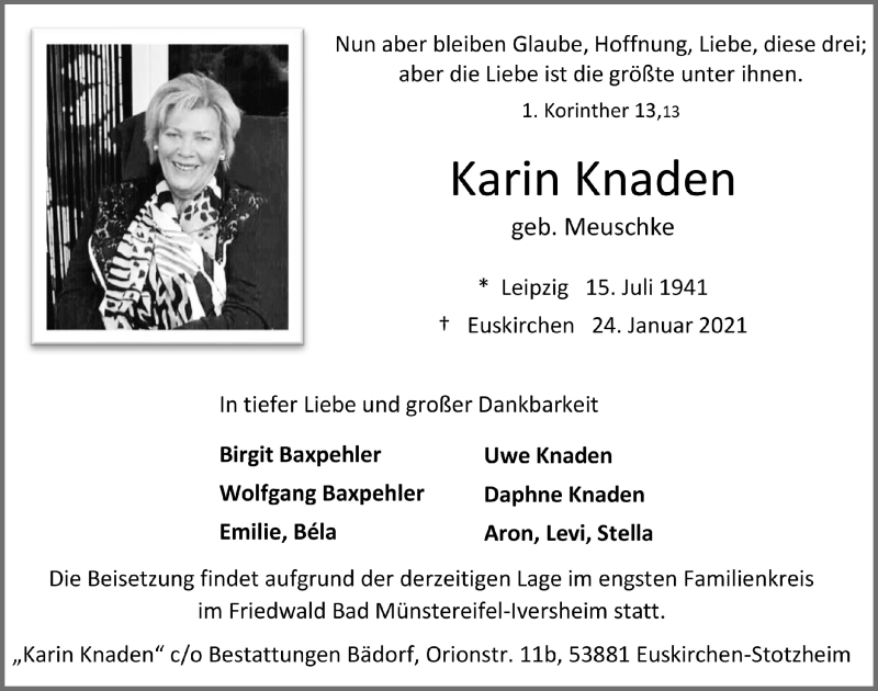  Traueranzeige für Karin Knaden vom 06.02.2021 aus  Blickpunkt Euskirchen 