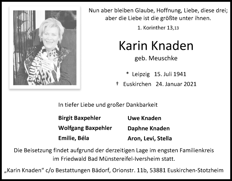  Traueranzeige für Karin Knaden vom 06.02.2021 aus Kölner Stadt-Anzeiger / Kölnische Rundschau / Express