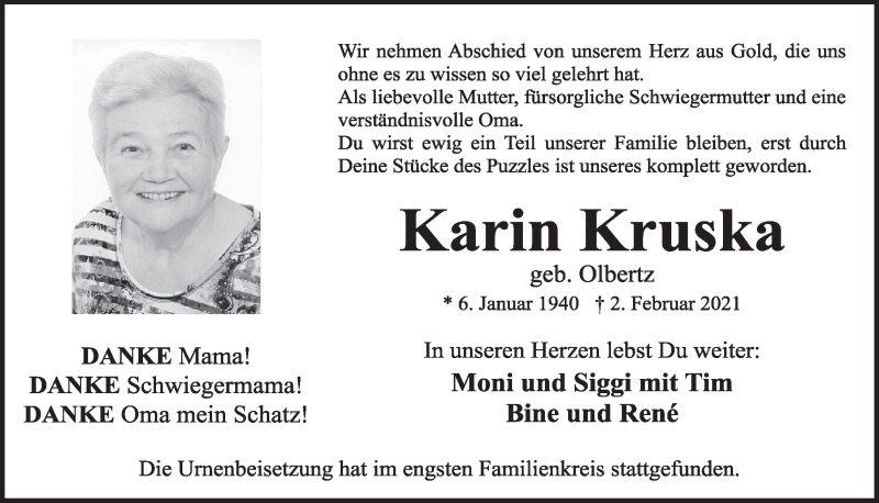  Traueranzeige für Karin Kruska vom 26.02.2021 aus  Werbepost 